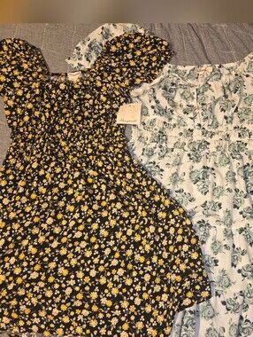 Medium White Sage Green Floral Dress & Small Black  Yellow Floral Dress